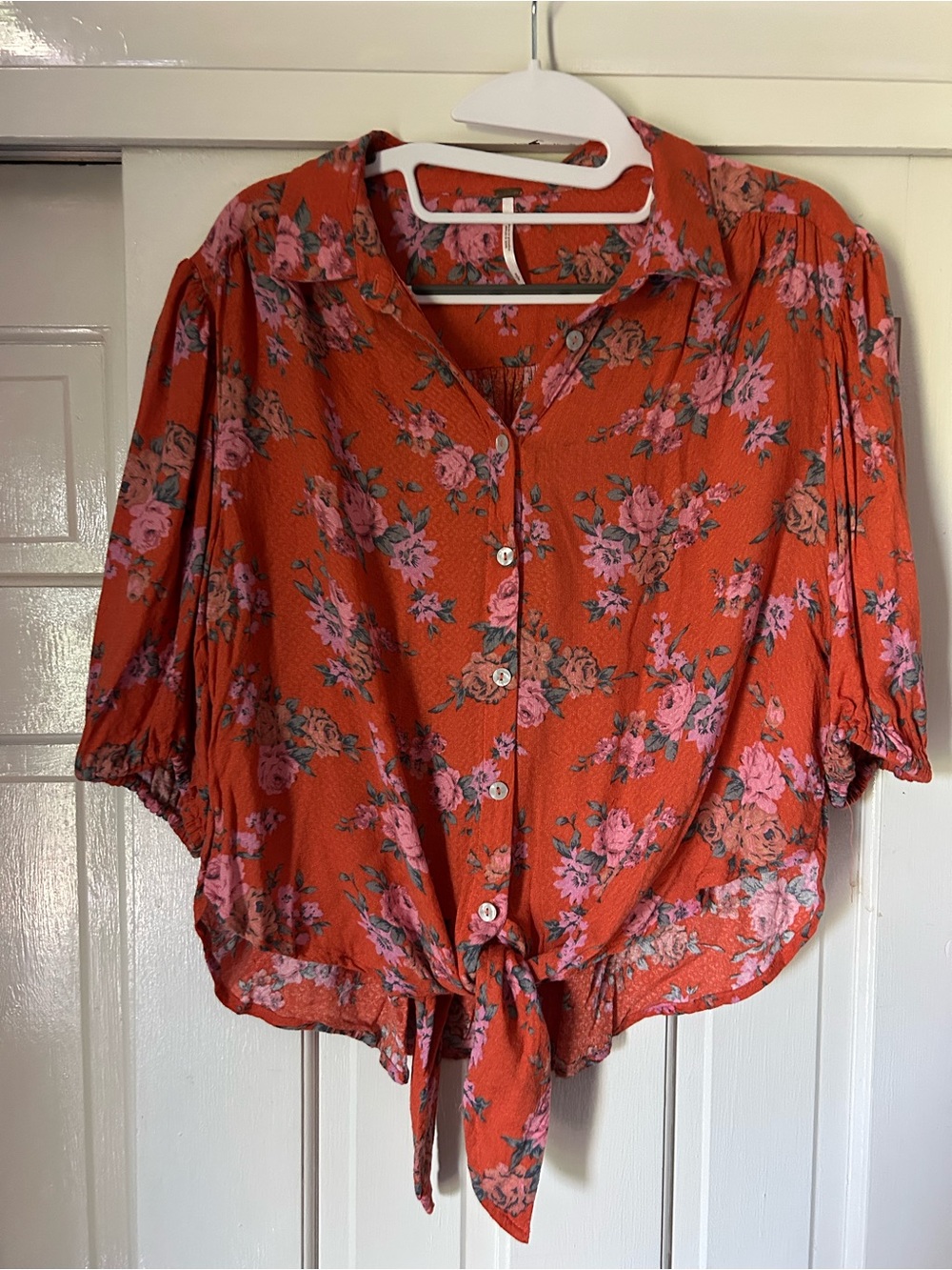 Free People Red Floral Tie-Front Button Blouse